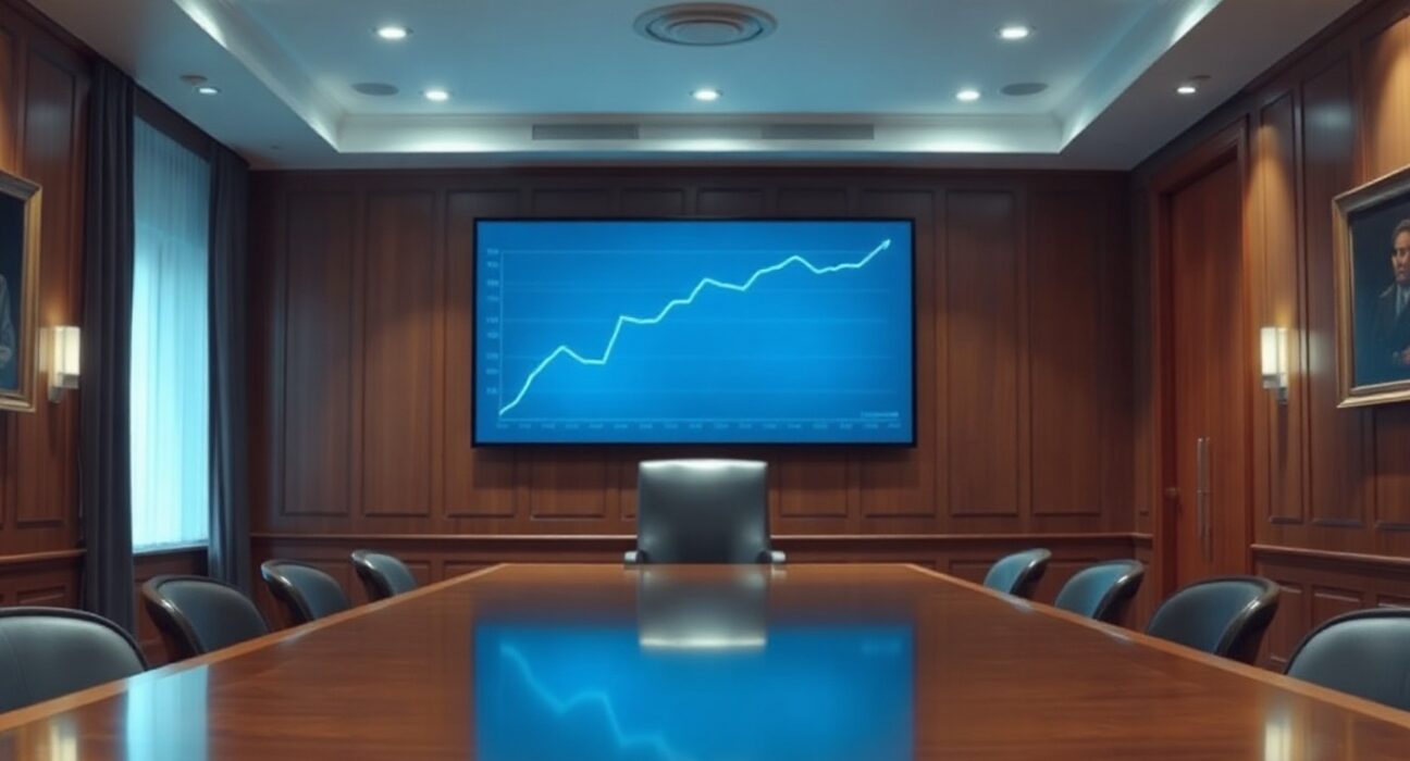 Empty chair in a formal boardroom with a screen showing a rising jobs data chart.