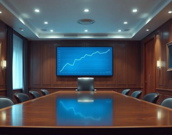 Empty chair in a formal boardroom with a screen showing a rising jobs data chart.