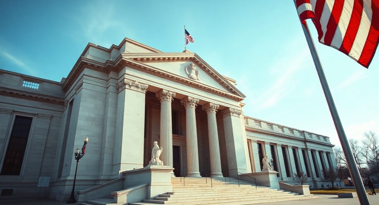 Federal Reserve building in Washington, D.C., with American flag