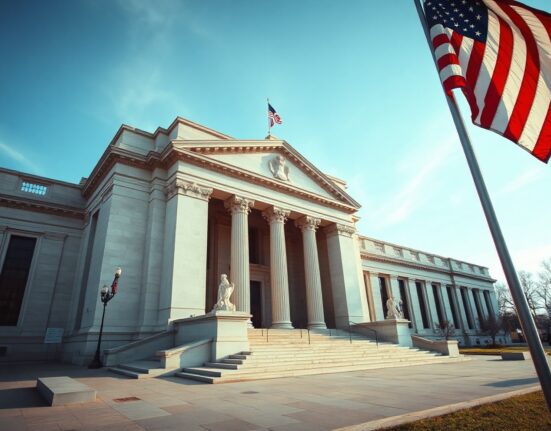 Federal Reserve building in Washington, D.C., with American flag