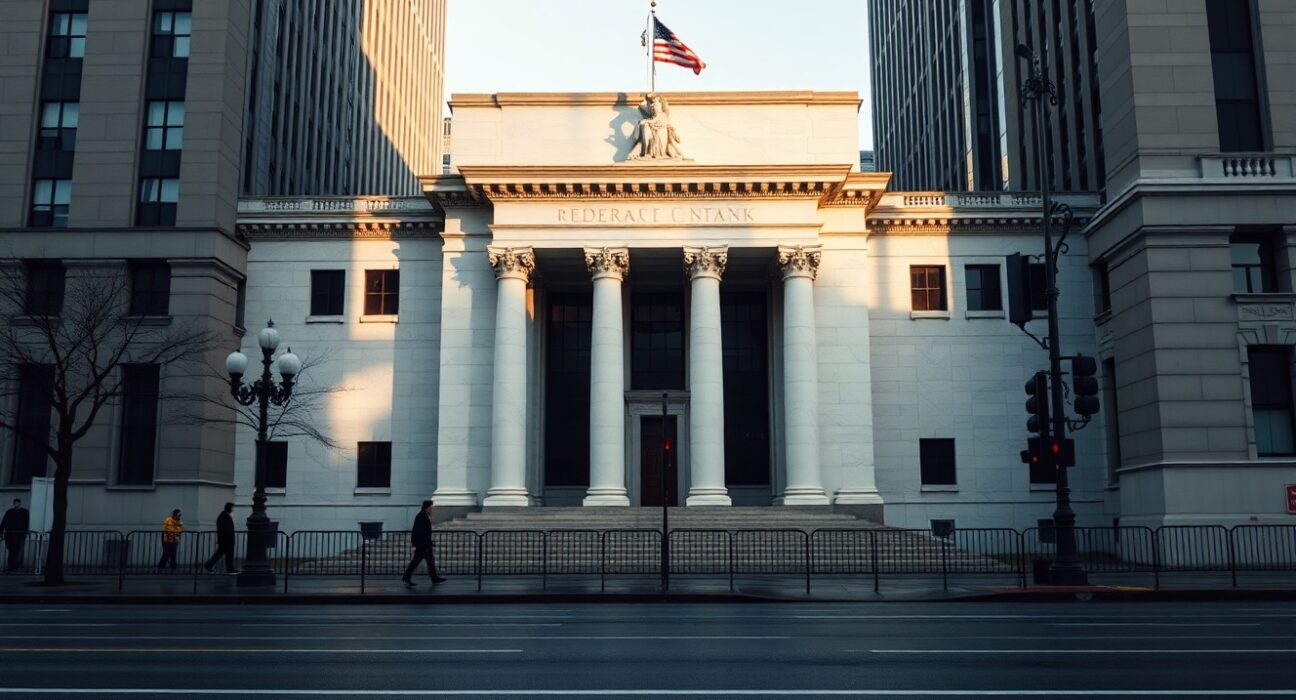 Exterior of the Federal Reserve Bank of New York building on a clear day