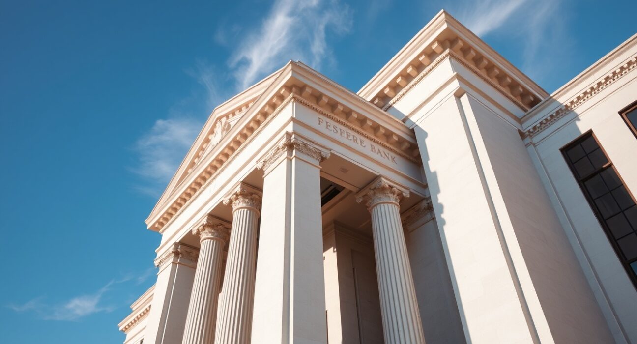 Exterior of the Federal Reserve Bank of New York building on a clear day