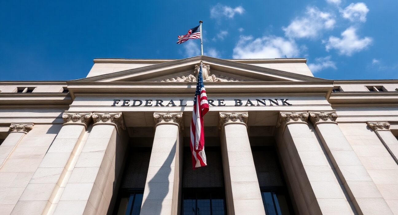 Federal Reserve Bank of New York building on a clear day, symbolizing monetary policy decisions.