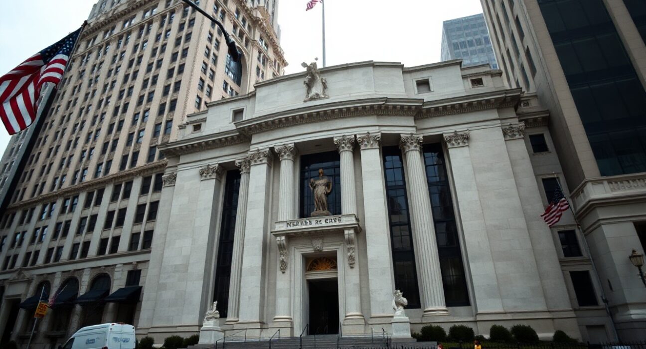 New York Federal Reserve building exterior with American flag, representing central banking stability.