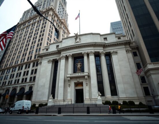 New York Federal Reserve building exterior with American flag, representing central banking stability.