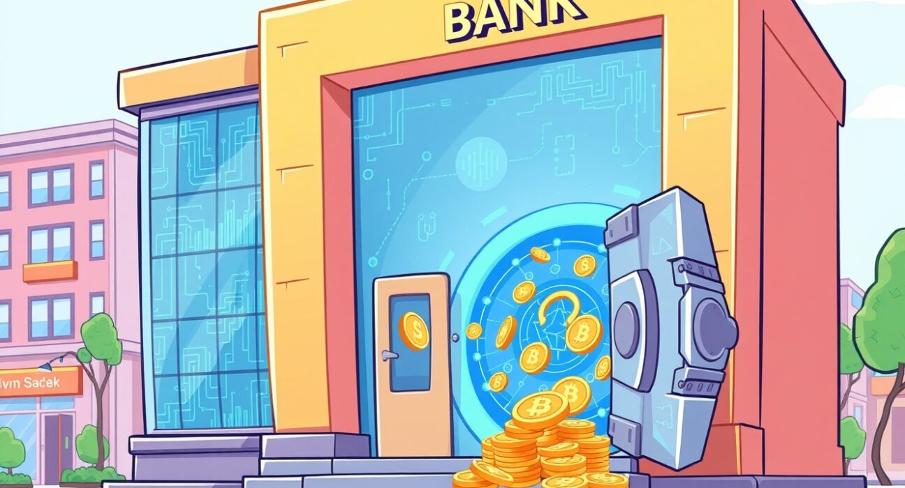 A vibrant cartoon of a modern bank unlocking new opportunities in the cryptocurrency business.