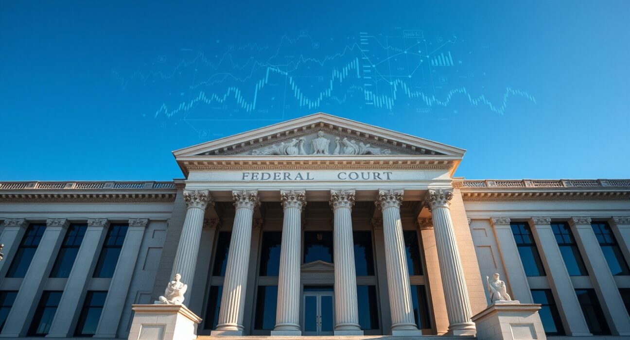 U.S. federal courthouse with digital financial charts and blockchain symbols in the sky above.