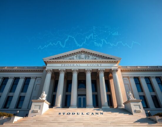 U.S. federal courthouse with digital financial charts and blockchain symbols in the sky above.