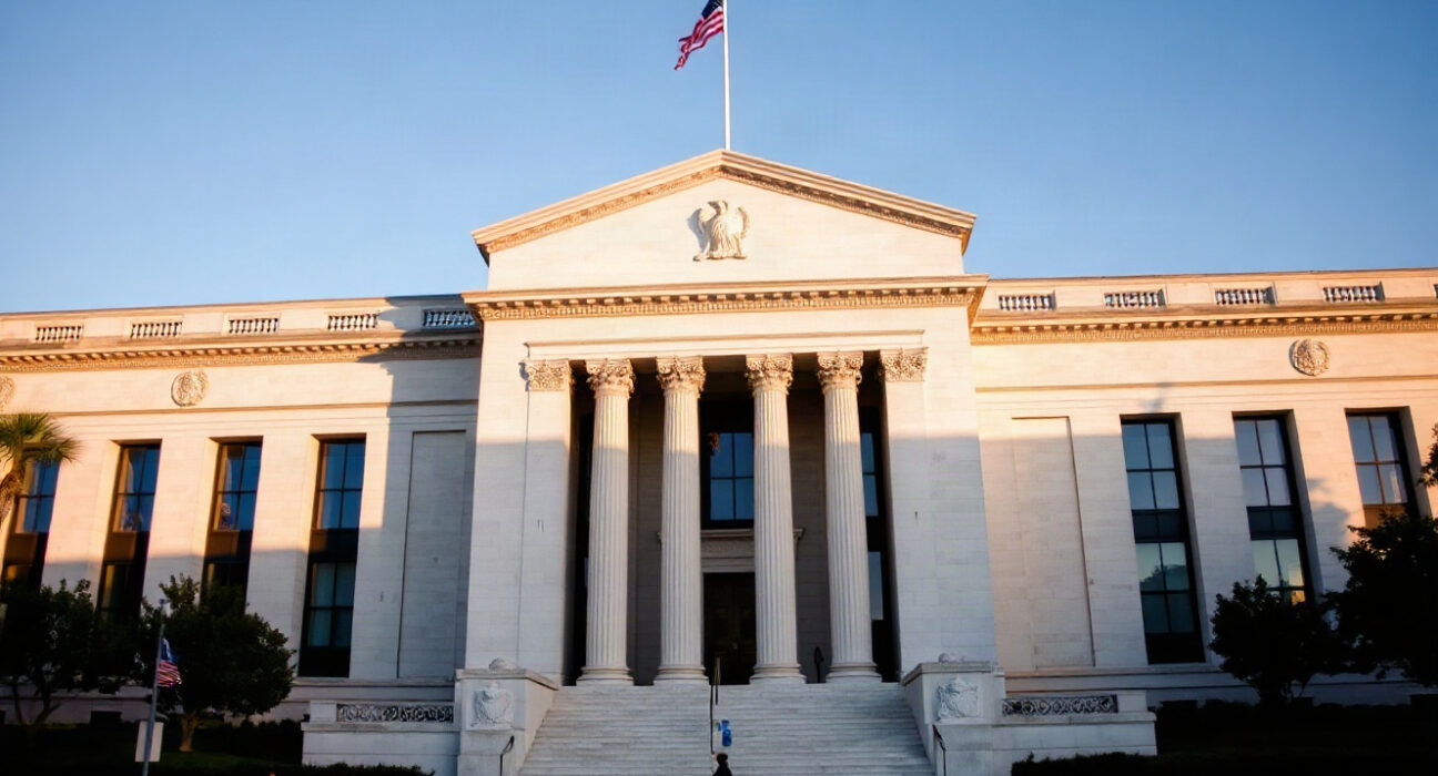 Federal Reserve building in Washington, D.C., under a clear sky.