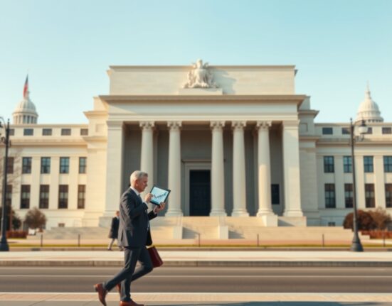 Federal Reserve Board Building in Washington D.C. representing monetary policy decisions and interest rate forecasts.