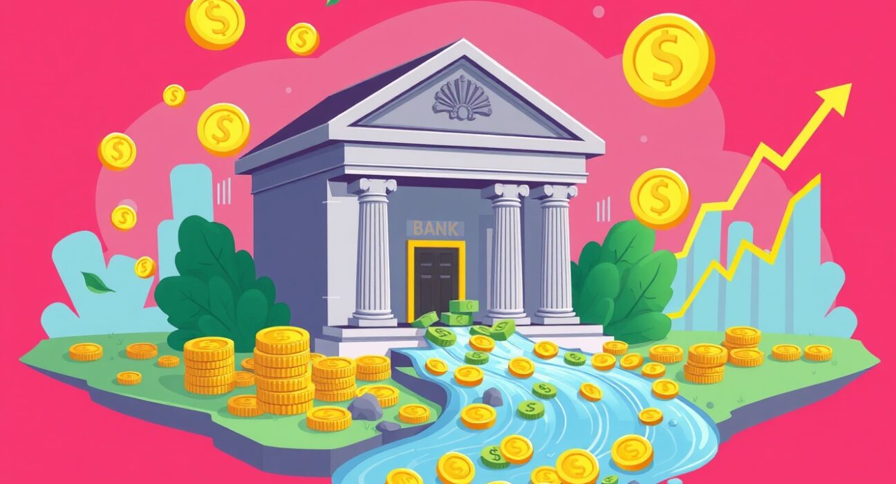 Federal Reserve balance sheet expansion shown as money flowing to cryptocurrency markets in vibrant cartoon illustration