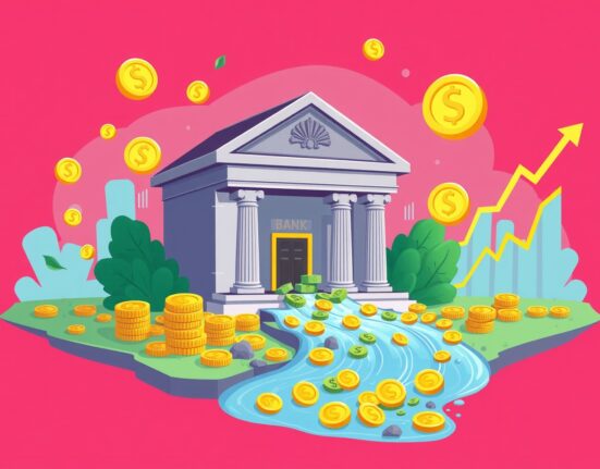 Federal Reserve balance sheet expansion shown as money flowing to cryptocurrency markets in vibrant cartoon illustration