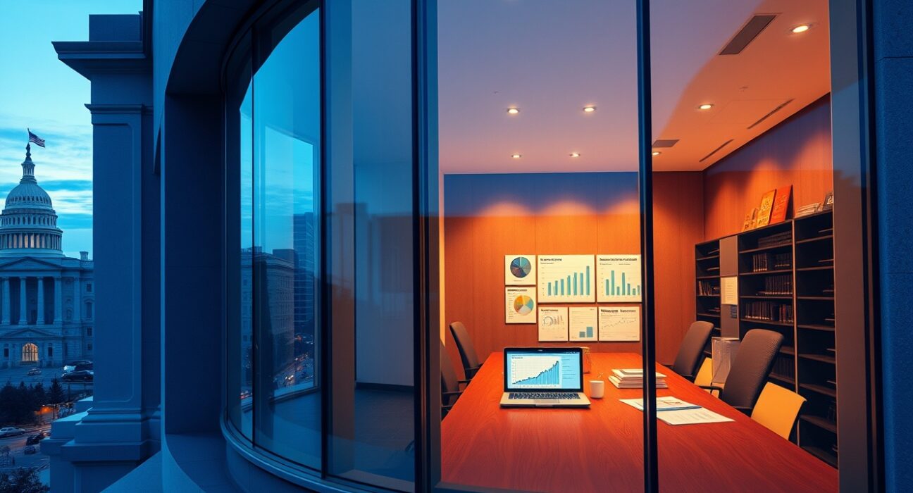 Federal Reserve building with economic analysis charts illustrating monetary policy decisions for 2025.