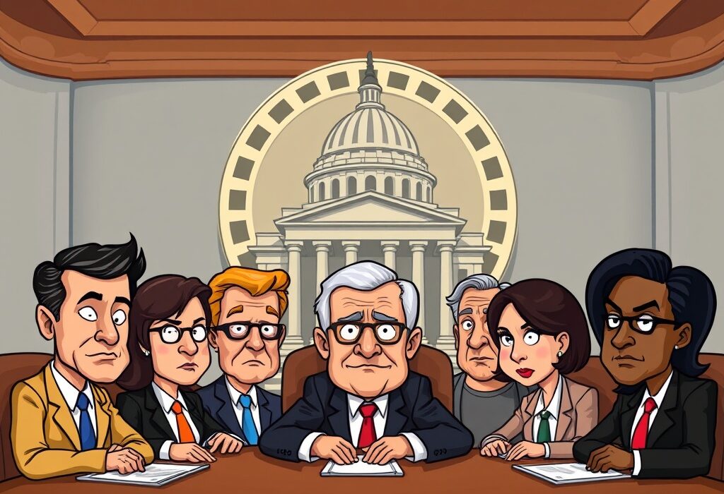 A cartoon illustration showing potential Federal Reserve chair candidates discussing crucial economic policy decisions in a boardroom.