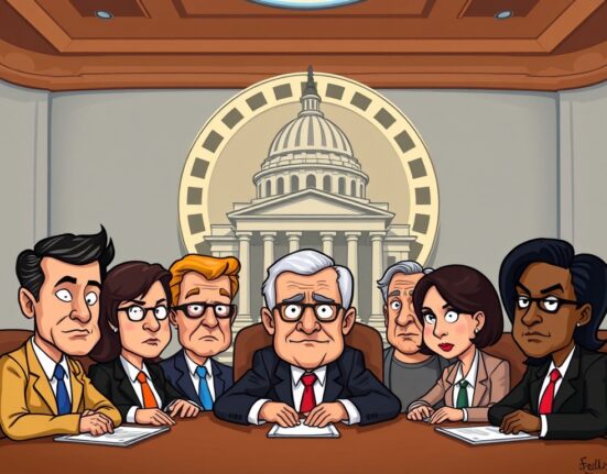 A cartoon illustration showing potential Federal Reserve chair candidates discussing crucial economic policy decisions in a boardroom.