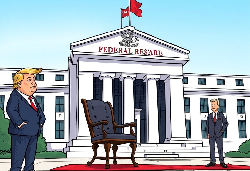 A cartoon illustration depicting the strategic transition of the Federal Reserve Chair, highlighting future leadership discussions.