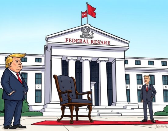 A cartoon illustration depicting the strategic transition of the Federal Reserve Chair, highlighting future leadership discussions.
