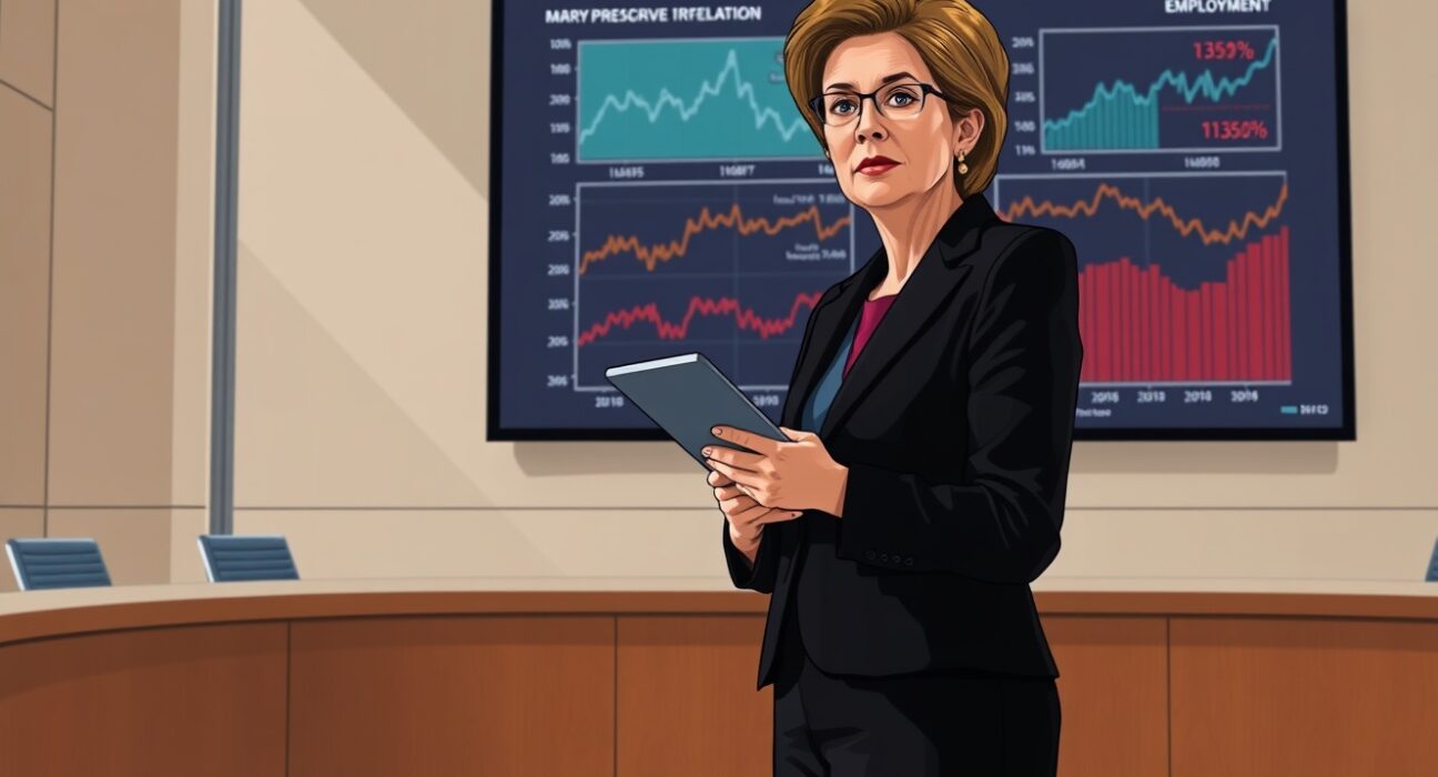 Federal Reserve President Mary Daly analyzing economic charts showing inflation and employment