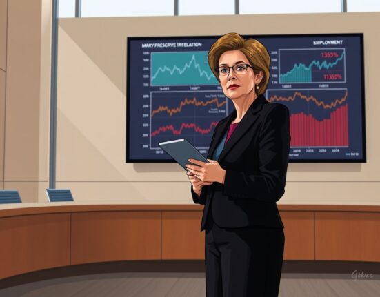 Federal Reserve President Mary Daly analyzing economic charts showing inflation and employment