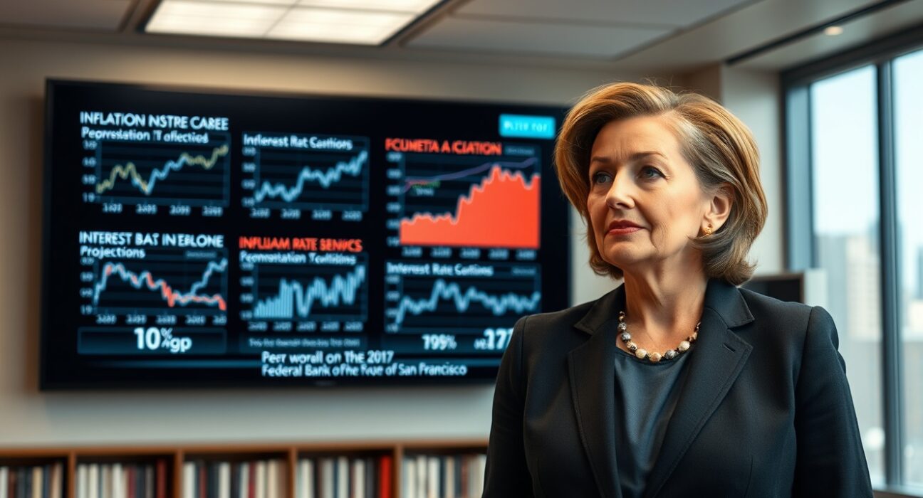 Federal Reserve President Mary Daly analyzing economic charts showing inflation and interest rate data for monetary policy decisions.