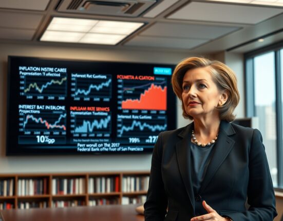 Federal Reserve President Mary Daly analyzing economic charts showing inflation and interest rate data for monetary policy decisions.
