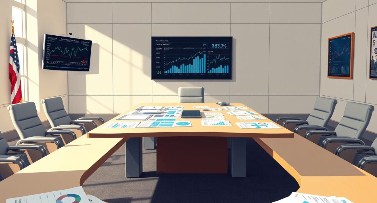 Federal Reserve boardroom analysis of economic data charts influencing interest rate decisions