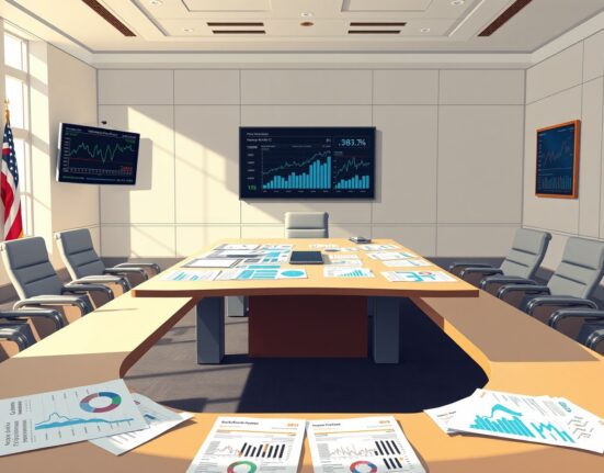 Federal Reserve boardroom analysis of economic data charts influencing interest rate decisions