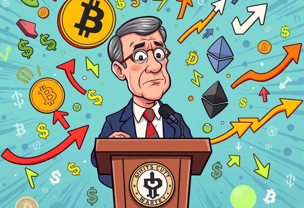 A cartoon illustration depicting Jerome Powell contemplating the crucial Federal Reserve decision, impacting global markets.