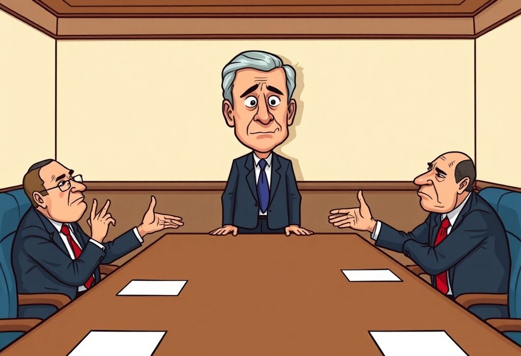 A cartoon illustration depicting a potential historic Federal Reserve dissent among central bankers at a meeting, symbolizing a crucial policy shift.