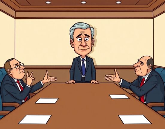 A cartoon illustration depicting a potential historic Federal Reserve dissent among central bankers at a meeting, symbolizing a crucial policy shift.