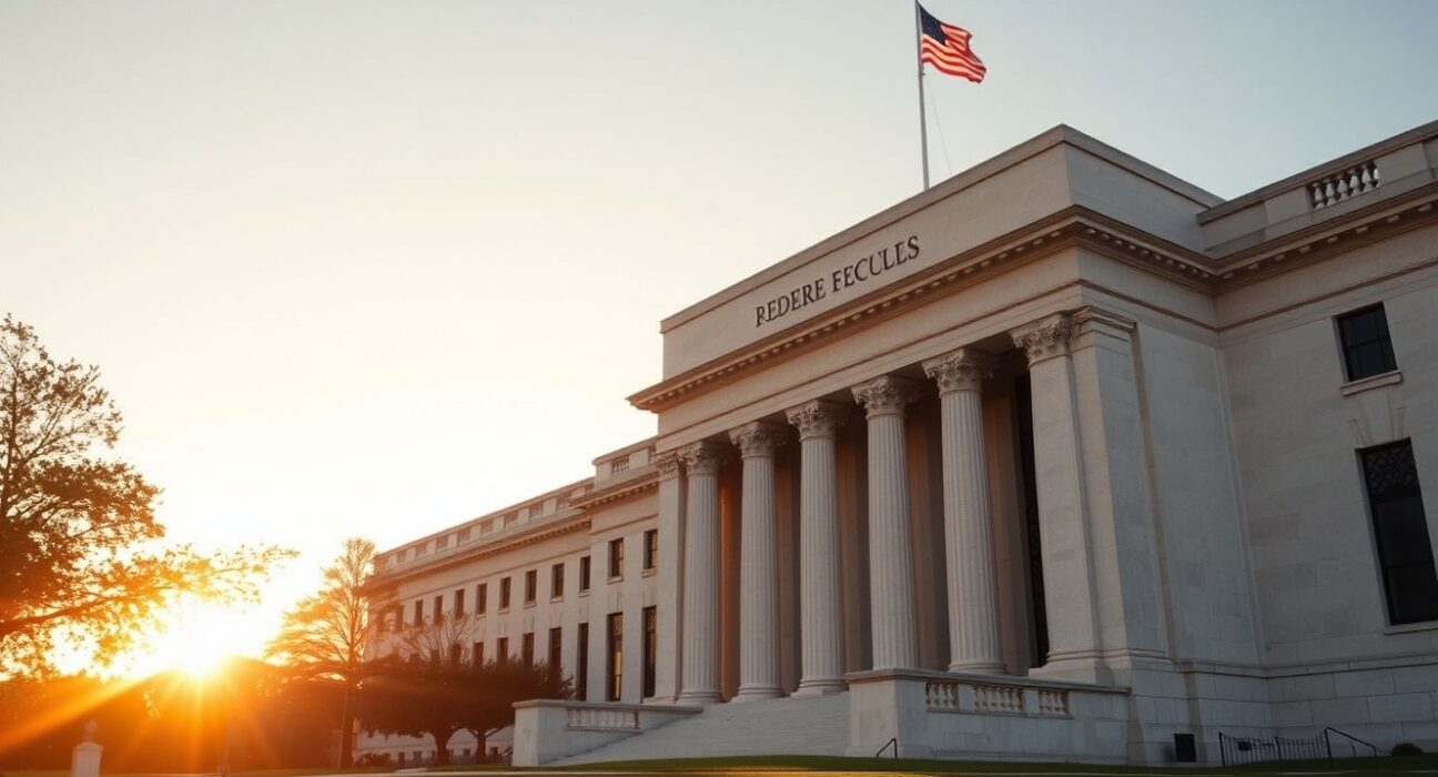 Exterior of the Federal Reserve building in Washington, D.C., during golden hour