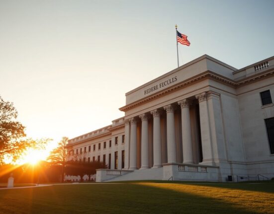 Exterior of the Federal Reserve building in Washington, D.C., during golden hour