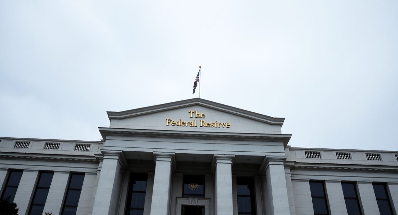 Exterior of the Federal Reserve building in Washington, D.C., on a cloudy day.