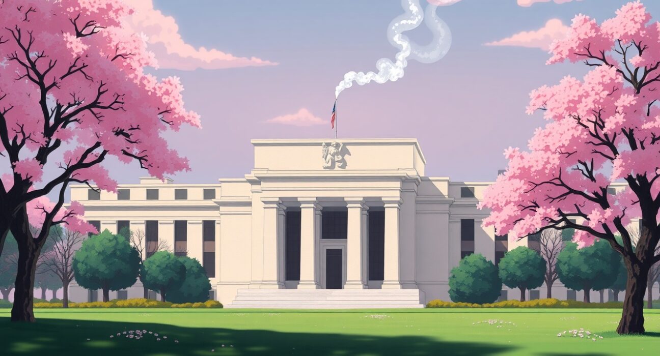 Federal Reserve building in Ghibli style representing monetary policy decisions and economic stability