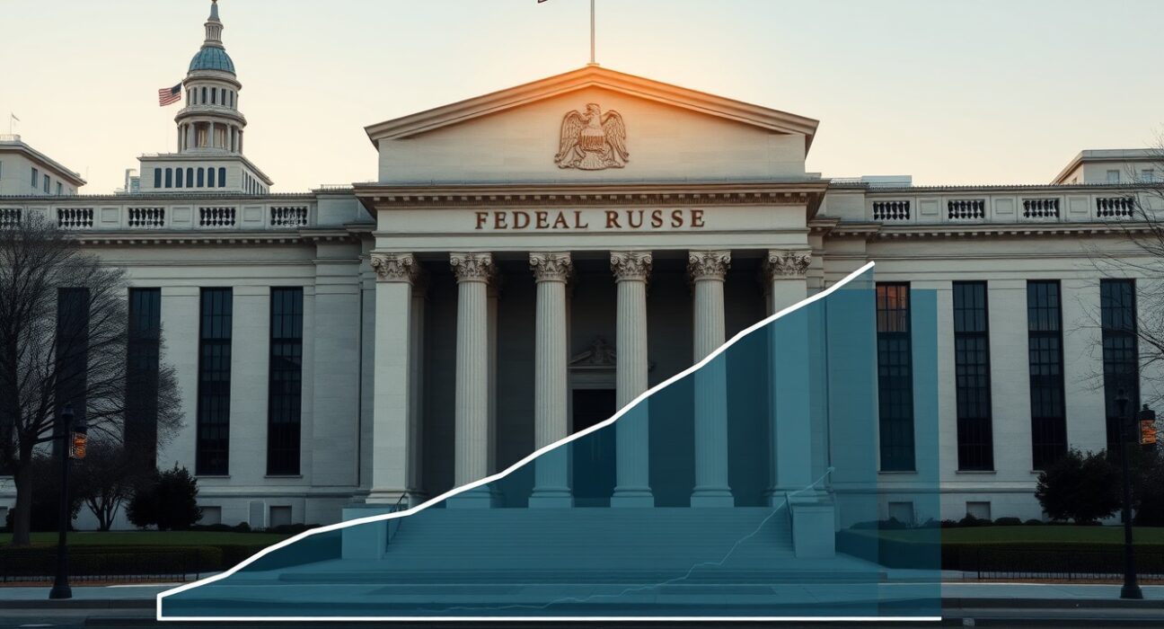 Federal Reserve building with flat yield curve data visualization representing monetary policy analysis