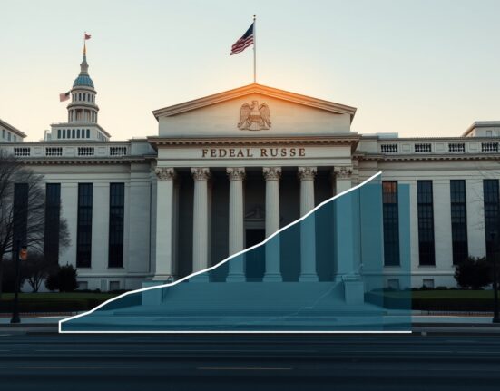 Federal Reserve building with flat yield curve data visualization representing monetary policy analysis