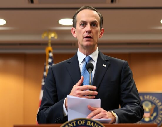 Federal Reserve's Austan Goolsbee discussing monetary policy and potential 2026 interest rate adjustments during press conference.