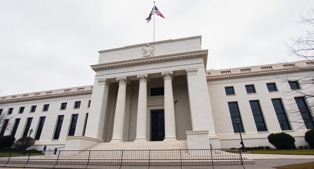 Exterior of the Federal Reserve Building in Washington D.C. on an overcast day.