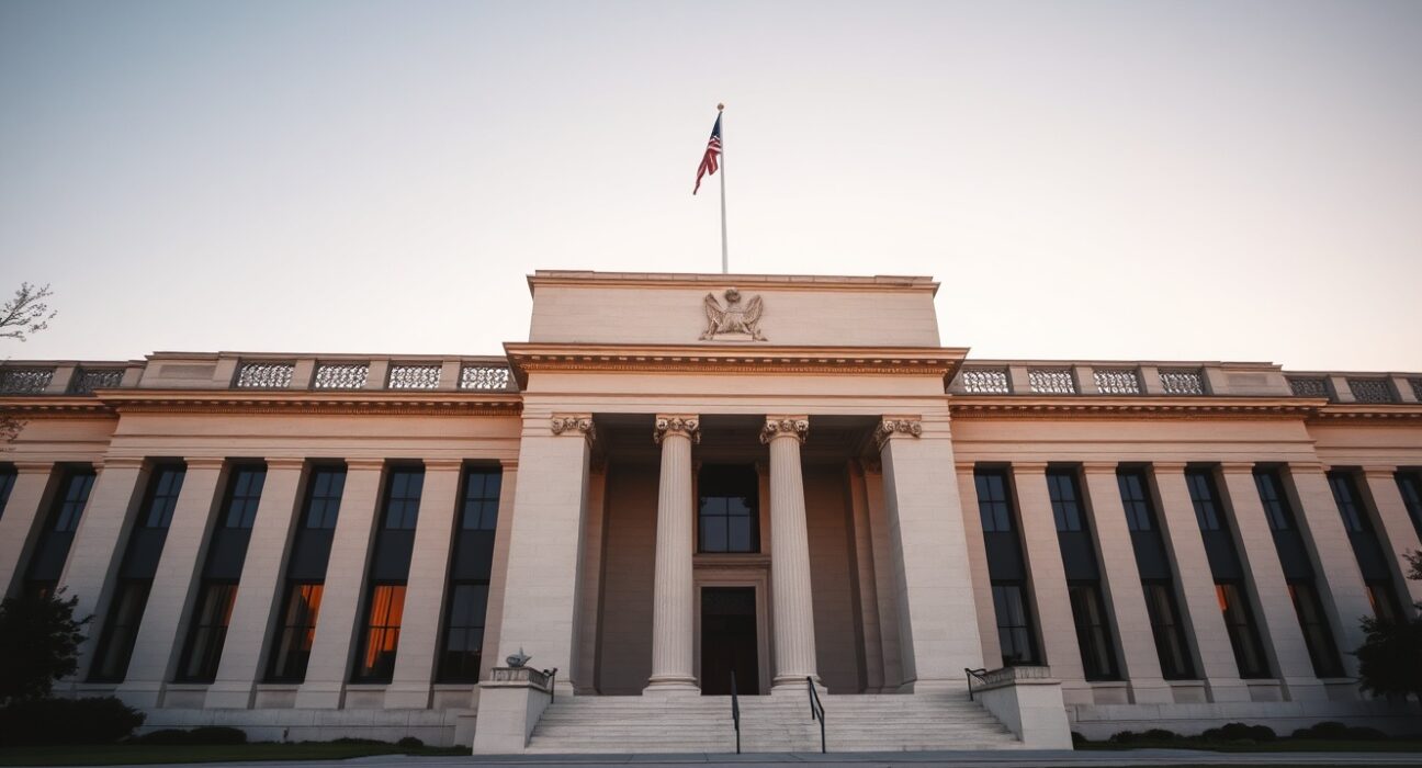 Exterior of the Federal Reserve building in Washington, D.C., during golden hour.