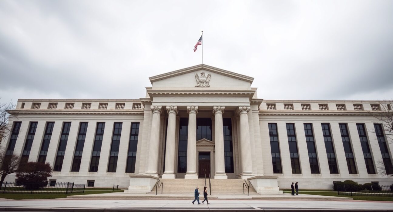 Federal Reserve building in Washington D.C. as the central bank prepares to hold interest rates in Jerome Powell's likely final meeting as chair.