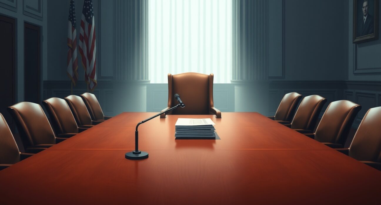 Federal Reserve Board meeting room with an empty chair symbolizing Jerome Powell's final meeting as chair, where interest rates are set to be held steady.