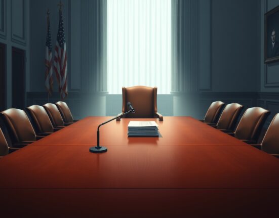 Federal Reserve Board meeting room with an empty chair symbolizing Jerome Powell's final meeting as chair, where interest rates are set to be held steady.