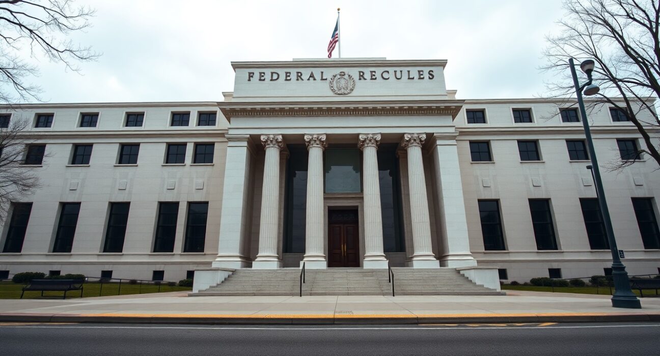 Exterior of the Federal Reserve Building in Washington, D.C., on a cloudy day