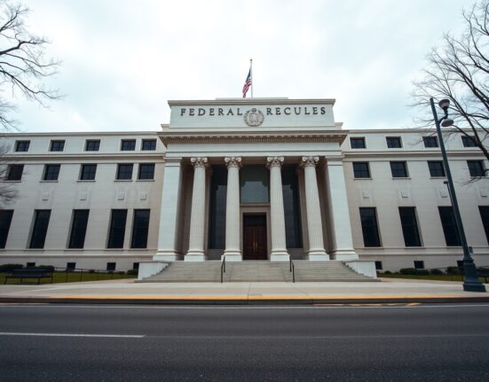 Exterior of the Federal Reserve Building in Washington, D.C., on a cloudy day