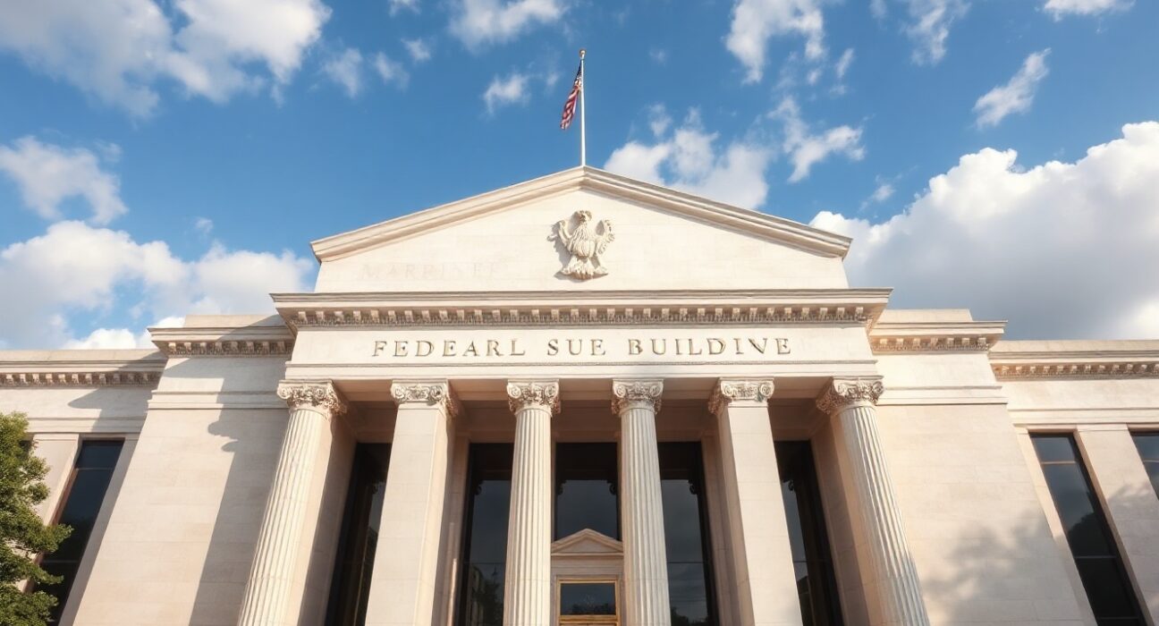 Exterior of the Federal Reserve building in Washington, D.C. on a sunny afternoon.