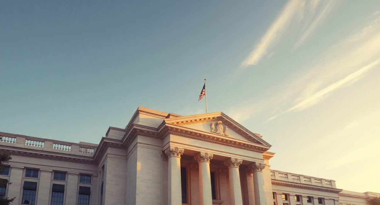 Federal Reserve building exterior in Washington D.C. during golden hour