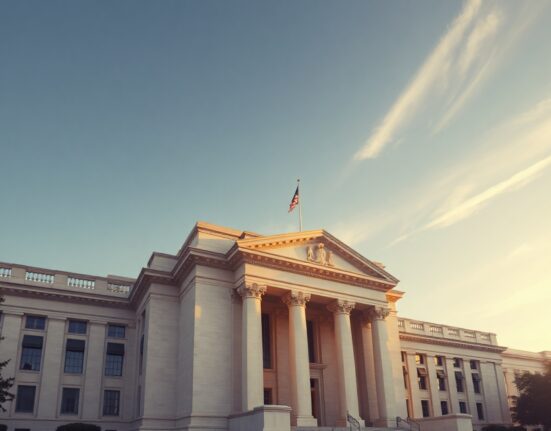Federal Reserve building exterior in Washington D.C. during golden hour