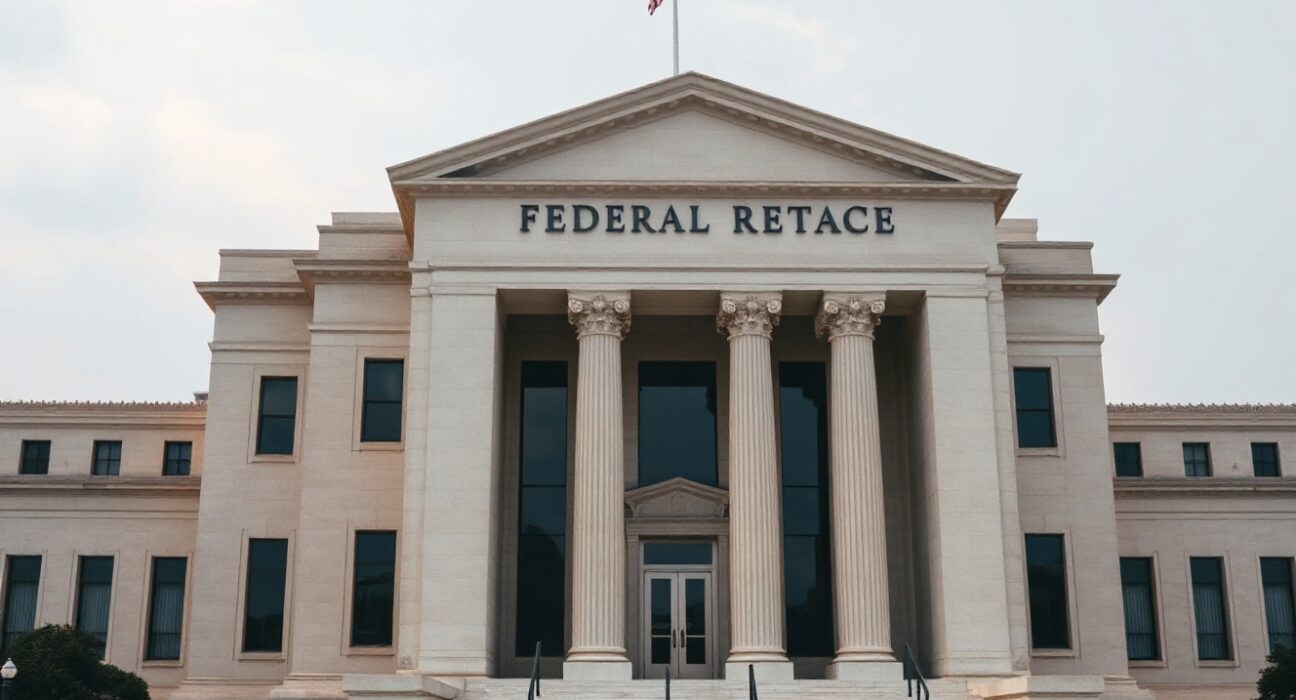 Federal Reserve building in Washington, D.C., on a cloudy afternoon