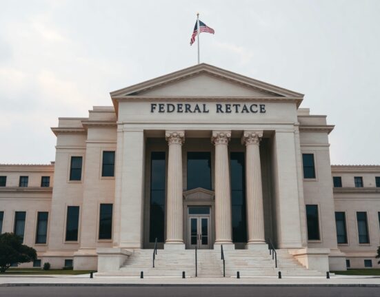 Federal Reserve building in Washington, D.C., on a cloudy afternoon