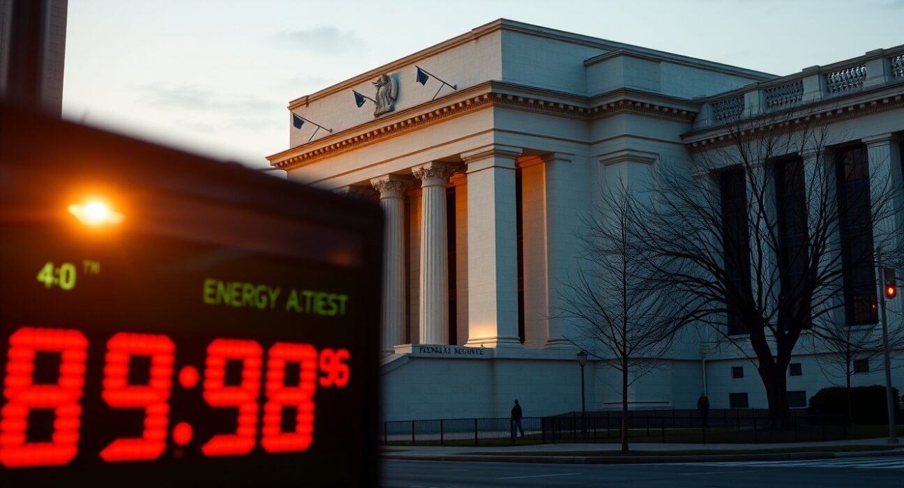 Federal Reserve building in Washington D.C. with energy price fluctuations reflecting inflation complications from Middle East conflict.